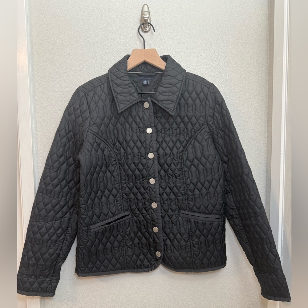 Tommy Hilfiger Coat Jacket Black Quilted Snap Lightweight Pockets Medium